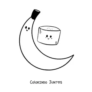 Desenho para colorir de uma banana kawaii inteira ao lado de um pedaço de banana kawaii