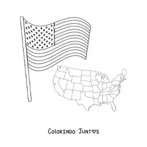 Desenho para colorir da bandeira dos Estados Unidos ao lado de um mapa