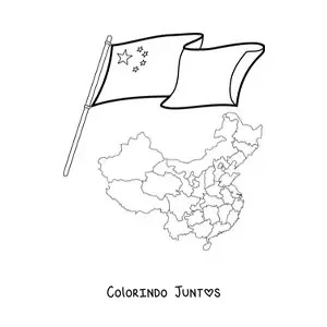 Desenho para colorir da bandeira da China ao lado de um mapa