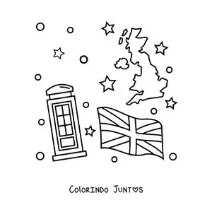 Desenho para colorir da bandeira do Reino Unido junto a um mapa e uma cabine telefônica