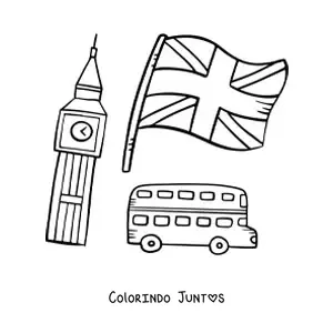 Desenho para colorir da bandeira do Reino Unido com o Big Ben e um ônibus de dois andares