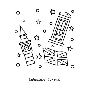 Desenho para colorir da bandeira do Reino Unido com o Big Ben e uma cabine telefônica