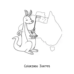 Desenho para colorir de dois cangurus kawaii com a bandeira da Austrália e um mapa ao fundo