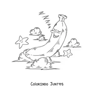 Desenho para colorir de uma banana animada dormindo entre nuvens e estrelas