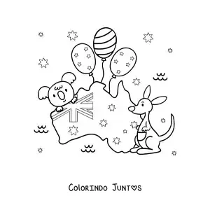 Desenho para colorir da bandeira da Austrália no mapa com canguru e coala kawaii