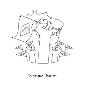 Desenho para colorir de várias mãos segurando a bandeira do Brasil com um mapa ao fundo