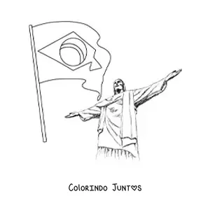Desenho para colorir da bandeira do Brasil junto ao Cristo Redentor