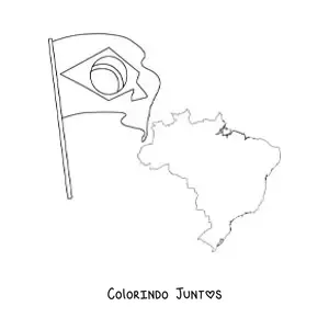 Desenho para colorir da bandeira do Brasil junto a um mapa