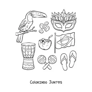Desenho para colorir da bandeira do Brasil, um tucano, um tambor, umas maracas, um coco e uma máscara