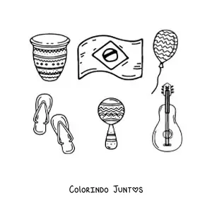 Desenho para colorir da bandeira do Brasil, um tambor, uma maraca, um instrumento e uma sandália