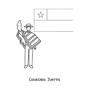 Desenho para colorir de um homem com vestimenta tradicional chilena junto à bandeira do Chile