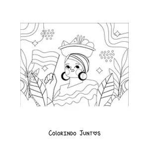 Desenho para colorir de uma mulher com traje tradicional colombiano segurando a bandeira da Colômbia