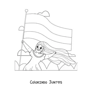Desenho para colorir de uma garota segurando a bandeira da Colômbia