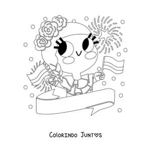 Desenho para colorir de uma menina com traje tradicional colombiano segurando a bandeira da Colômbia
