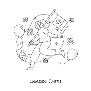 Desenho para colorir de uma garota segurando a bandeira do Canadá e folhas