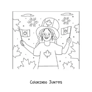 Desenho para colorir de uma garota segurando a bandeira do Canadá e um chapéu