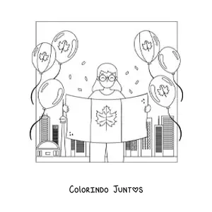 Desenho para colorir de uma garota segurando a bandeira do Canadá e balões