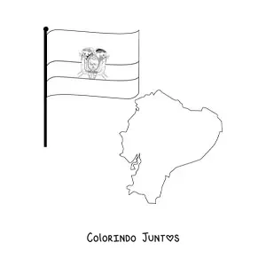 Desenho para colorir da bandeira do Equador junto a um mapa