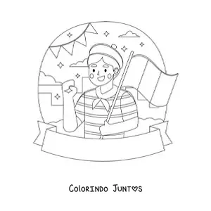 Desenho para colorir de um homem com boina segurando a bandeira da França