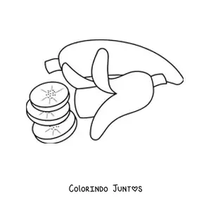 Desenho para colorir de uma banana inteira ao lado de uma banana cortada em pedaços
