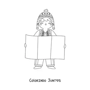 Desenho para colorir de um menino com a bandeira do Peru sem brasão