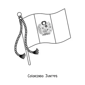 Desenho para colorir da bandeira do Peru com brasão tremulando em um mastro