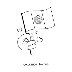 Desenho para colorir de uma mão segurando a bandeira do Peru com brasão