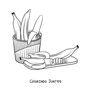 Desenho para colorir de várias bananas ao lado de uma banana cortada em pedaços