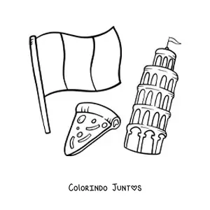 Desenho para colorir da bandeira da Itália com pizza e a Torre de Pisa
