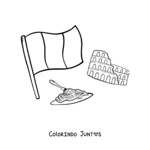 Desenho para colorir da bandeira da Itália com massa e o Coliseu de Roma