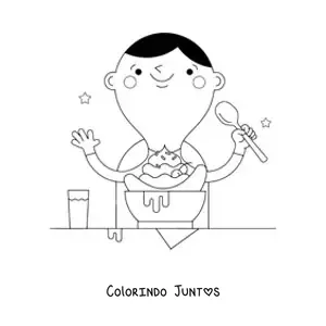 Desenho para colorir de um menino feliz comendo um banana split