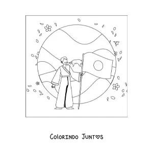 Desenho para colorir de um menino com a bandeira do Japão e paisagem