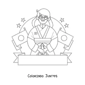 Desenho para colorir de uma menina com bandeiras do Japão