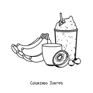 Desenho para colorir de um copo de milk-shake de banana com kiwi e cereja