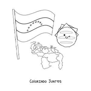 Desenho para colorir de uma arepa animada com a bandeira da Venezuela e mapa