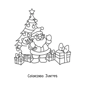 Desenho para colorir de Papai Noel com arvore de Natal com presentes