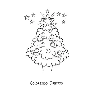 Desenho para colorir de uma arvore de Natal grande decorada com estrelas ao redor