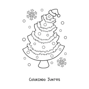 Desenho para colorir de uma arvore de Natal com gorro natalino e flocos de neve ao redor