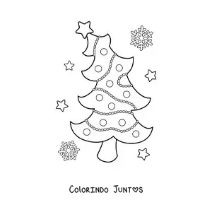 Desenho para colorir de uma arvore de Natal com estrelas e flocos de neve ao fundo