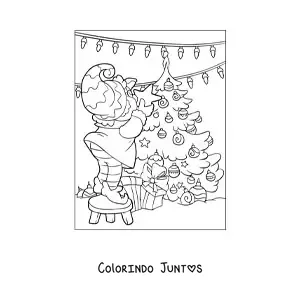 Desenho para colorir de um elfo do Papai Noel colocando a estrela na arvorezinha
