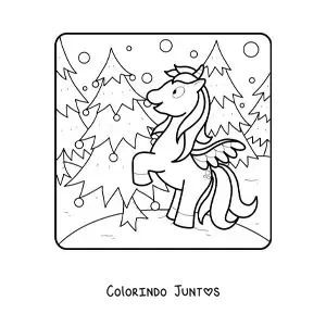 Desenho para colorir de um unicornio animado junto a uma arvore de Natal