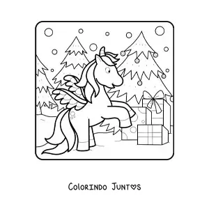 Desenho para colorir de um unicornio animado junto a uma arvore de Natal com presentes