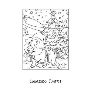 Desenho para colorir de um porquinho animado vestido de Papai Noel com arvore de Natal com presentes