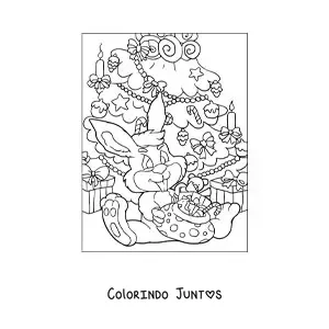 Desenho para colorir de um coelhinho animado abrindo presentes junto a arvore de Natal