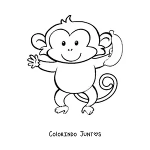 Desenho para colorir de um macaco animado kawaii comendo uma banana