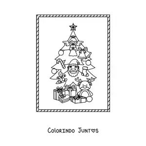 Desenho para colorir de uma arvore de Natal decorada com presentes embaixo