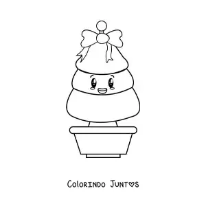 Desenho para colorir de uma arvorezinha de Natal kawaii com laco em um vaso