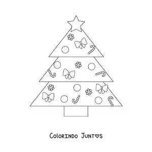 Desenho para colorir de uma arvorezinha de Natal em forma de triangulos decorada com bengalas doces