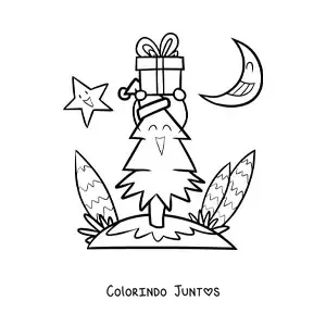 Desenho para colorir de uma arvorezinha de Natal animada com presente, com a Lua e uma estrela ao fundo