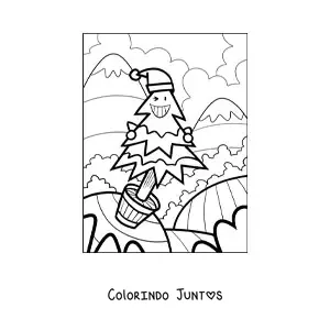 Desenho para colorir de caricatura de uma arvorezinha de Natal animada em um vaso